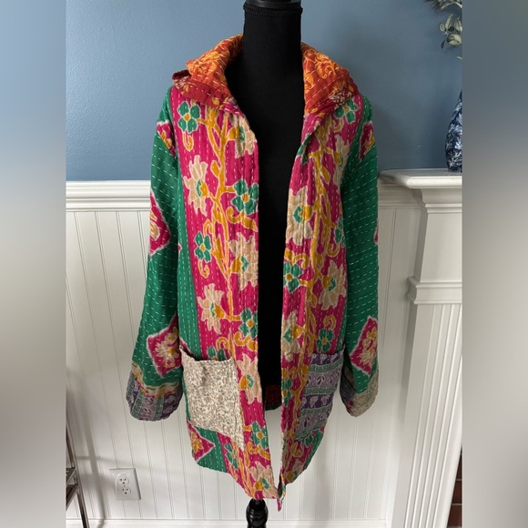 GORGEOUS Handmade Indian Kantha Hoodie Jacket ~pockets~lightweight~NEW!! Large